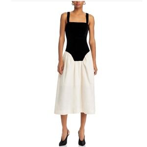 RHODE‎ Georgina Color Blocked Midi Dress Black Velvet Cream Skirt Size 4